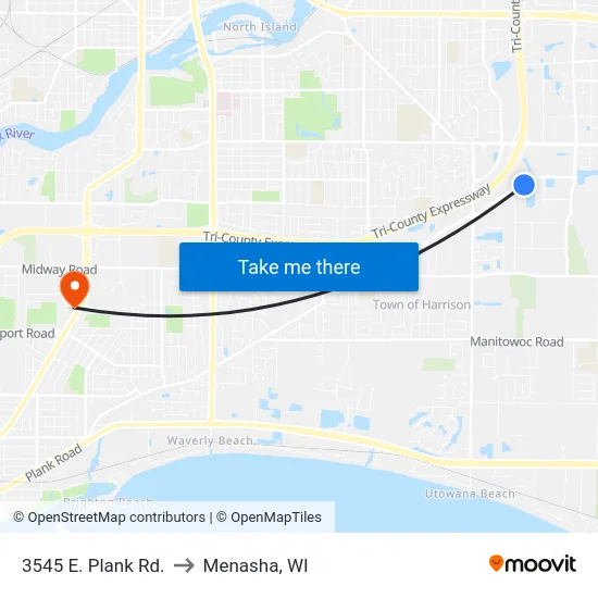 3545 E. Plank Rd. to Menasha, WI map
