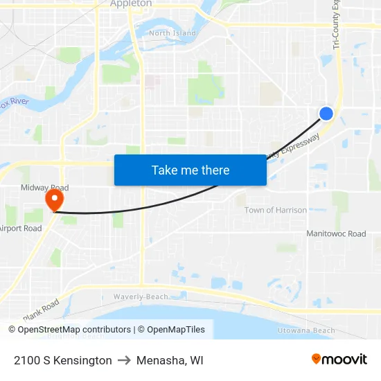 2100 S Kensington to Menasha, WI map