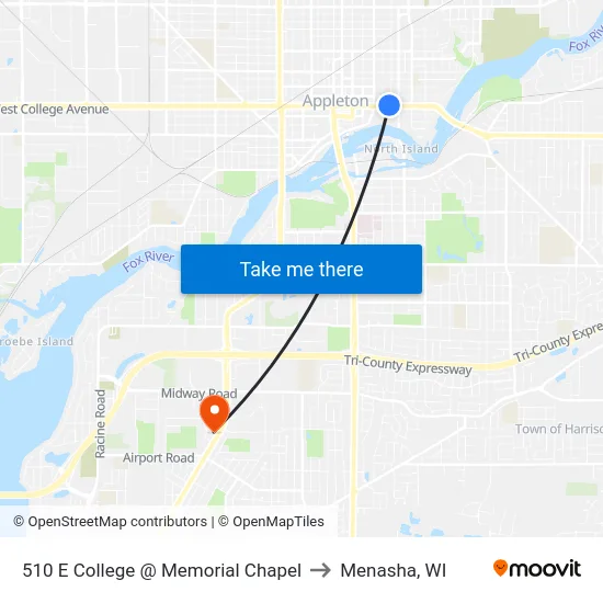 510 E College @ Memorial Chapel to Menasha, WI map