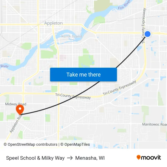 Speel School & Milky Way to Menasha, WI map