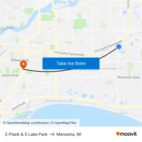 E Plank & S Lake Park to Menasha, WI map
