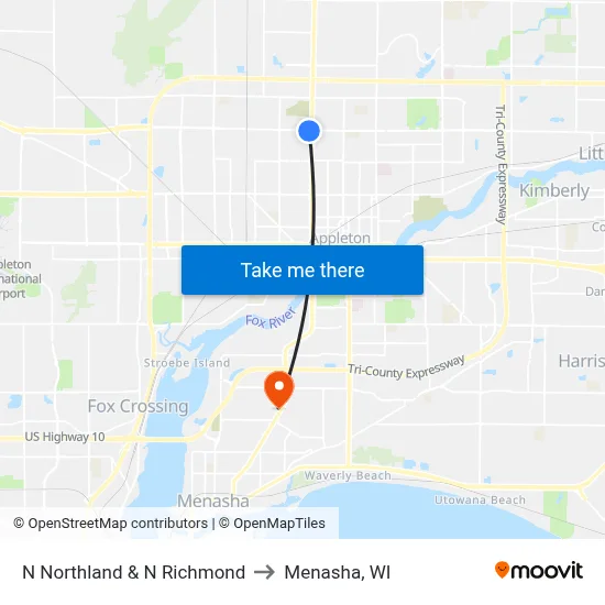 N Northland & N Richmond to Menasha, WI map