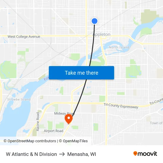 W Atlantic & N Division to Menasha, WI map