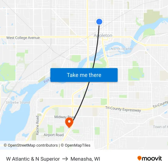 W Atlantic & N Superior to Menasha, WI map
