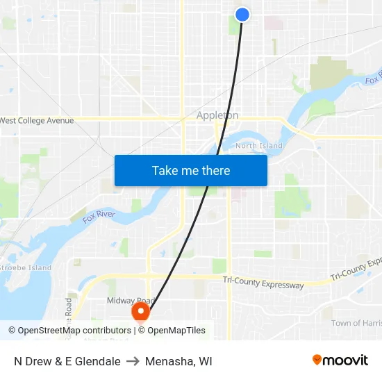 N Drew & E Glendale to Menasha, WI map