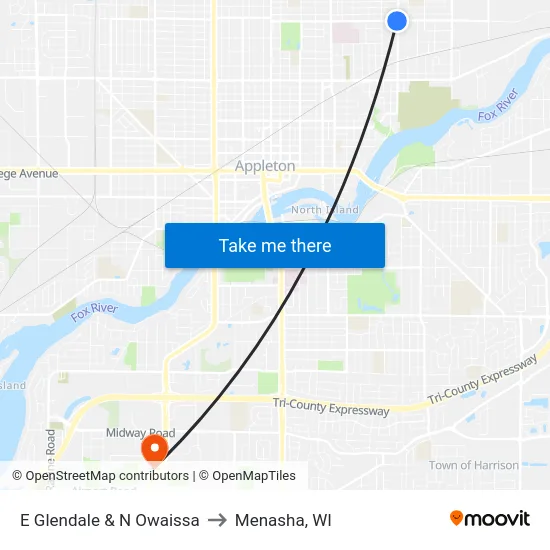 E Glendale & N Owaissa to Menasha, WI map