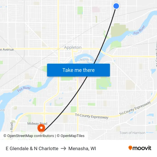 E Glendale & N Charlotte to Menasha, WI map
