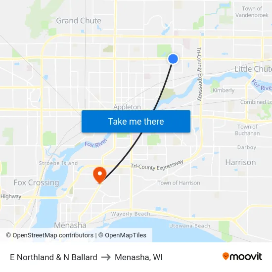 E Northland & N Ballard to Menasha, WI map