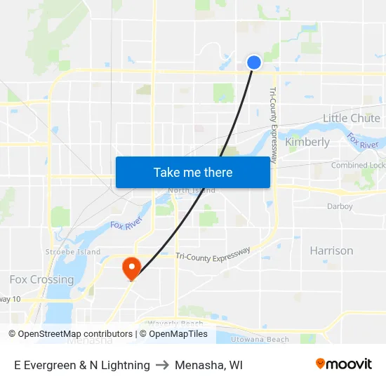 E Evergreen & N Lightning to Menasha, WI map