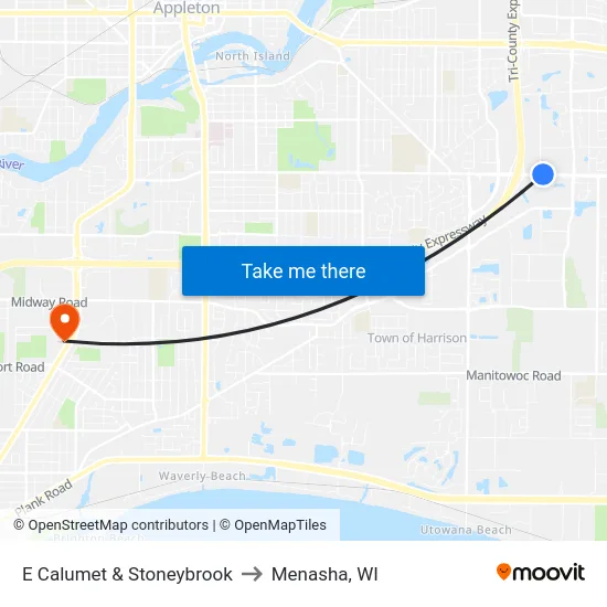 E Calumet & Stoneybrook to Menasha, WI map