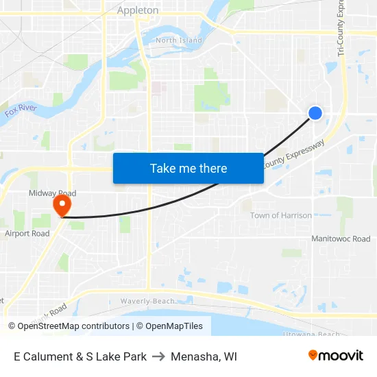 E Calument & S Lake Park to Menasha, WI map