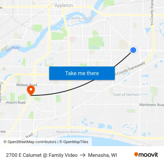 2700 E Calumet @ Family Video to Menasha, WI map