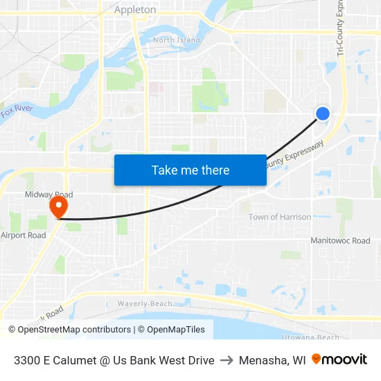 3300 E Calumet @ Us Bank West Drive to Menasha, WI map