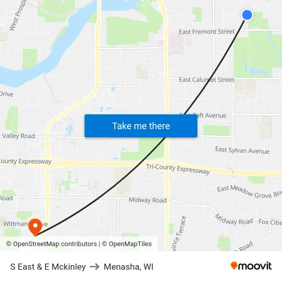 S East & E Mckinley to Menasha, WI map