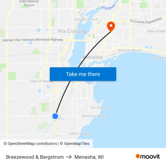 Breezewood & Bergstrom to Menasha, WI map