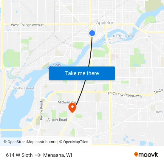614 W Sixth to Menasha, WI map