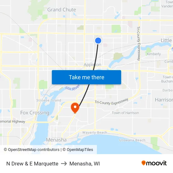 N Drew & E Marquette to Menasha, WI map