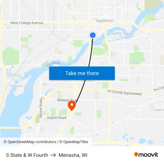 S State & W Fourth to Menasha, WI map