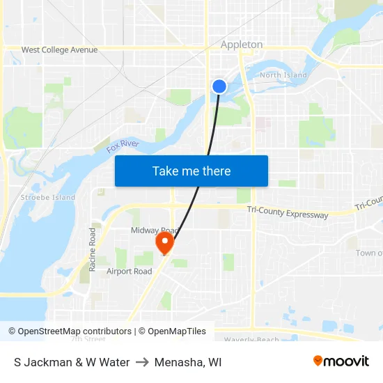 S Jackman & W Water to Menasha, WI map
