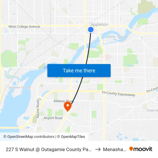 227 S Walnut @ Outagamie County Parking Lot to Menasha, WI map