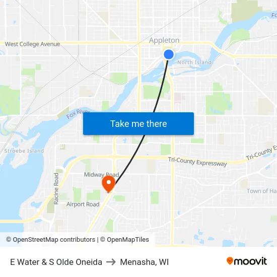E Water & S Olde Oneida to Menasha, WI map