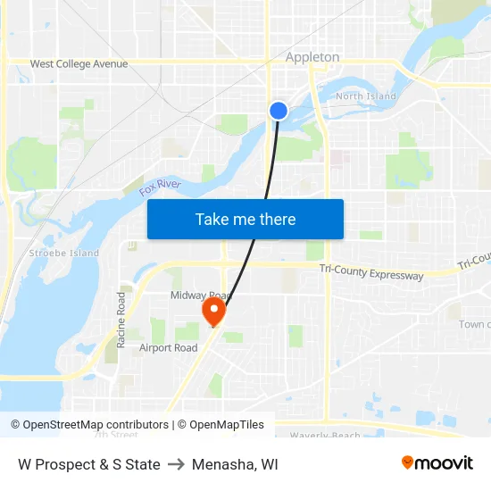 W Prospect & S State to Menasha, WI map