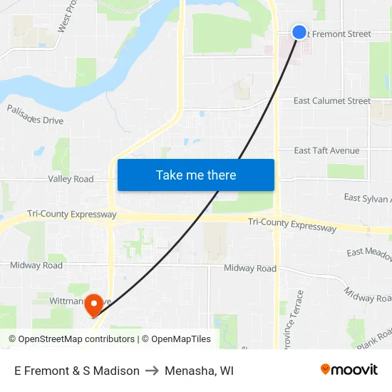 E Fremont & S Madison to Menasha, WI map