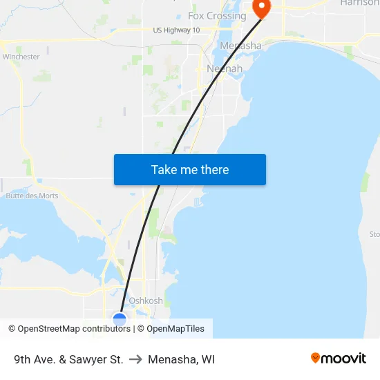 9th Ave. & Sawyer St. to Menasha, WI map