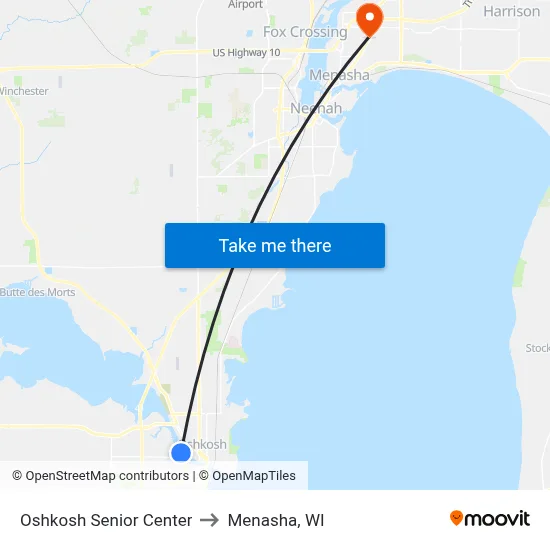 Oshkosh Senior Center to Menasha, WI map