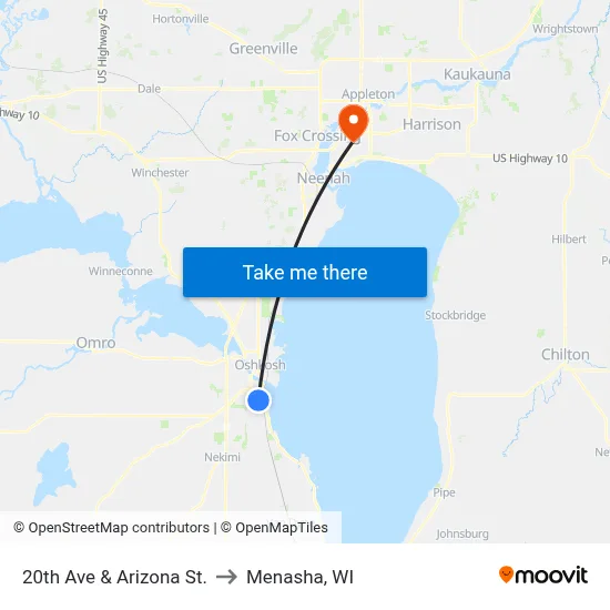 20th Ave & Arizona St. to Menasha, WI map