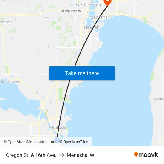 Oregon St. & 16th Ave. to Menasha, WI map