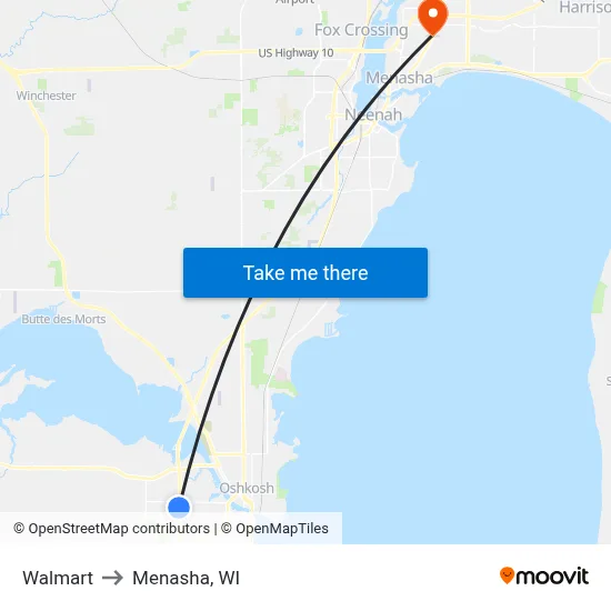 Walmart to Menasha, WI map