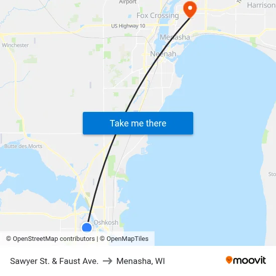 Sawyer St. & Faust Ave. to Menasha, WI map