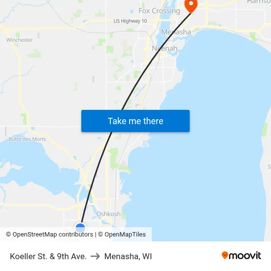 Koeller St. & 9th Ave. to Menasha, WI map