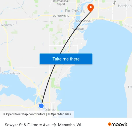 Sawyer St & Fillmore Ave to Menasha, WI map