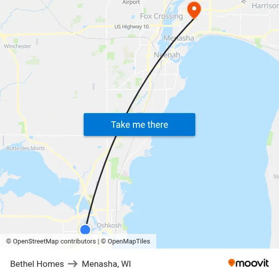 Bethel Homes to Menasha, WI map