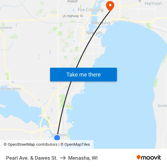 Pearl Ave. & Dawes St. to Menasha, WI map