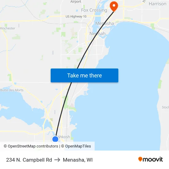 234 N. Campbell Rd to Menasha, WI map