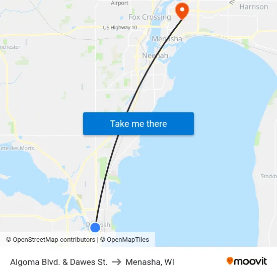 Algoma Blvd. & Dawes St. to Menasha, WI map