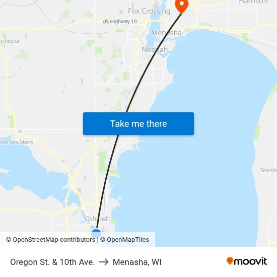 Oregon St. & 10th Ave. to Menasha, WI map