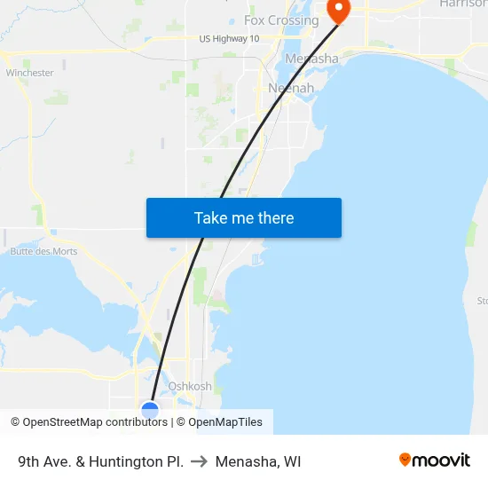 9th Ave. & Huntington Pl. to Menasha, WI map