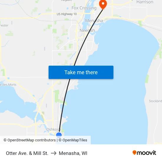 Otter Ave. & Mill St. to Menasha, WI map