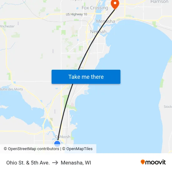 Ohio St. & 5th Ave. to Menasha, WI map