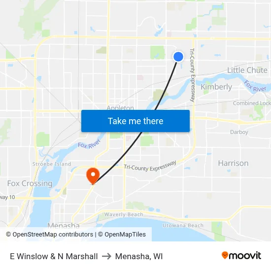 E Winslow & N Marshall to Menasha, WI map