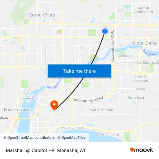 Marshall @ Capitol to Menasha, WI map