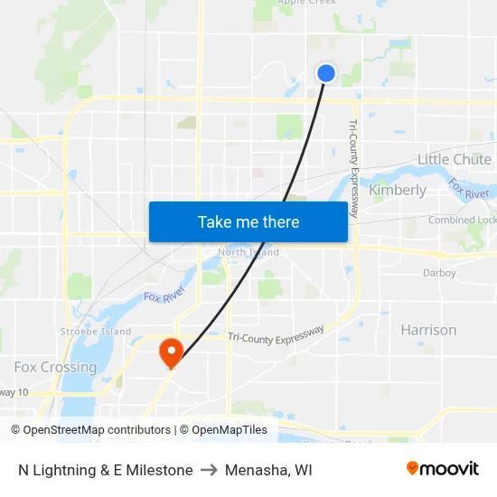 N Lightning & E Milestone to Menasha, WI map