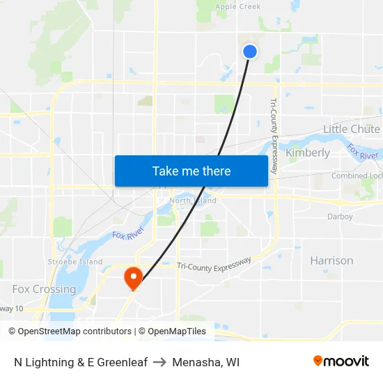 N Lightning & E Greenleaf to Menasha, WI map