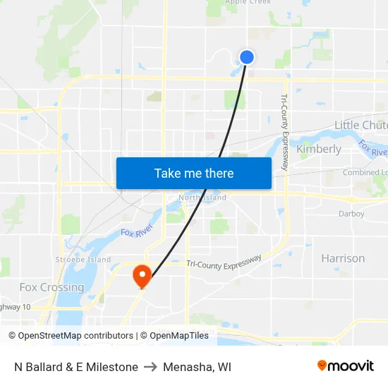 N Ballard & E Milestone to Menasha, WI map