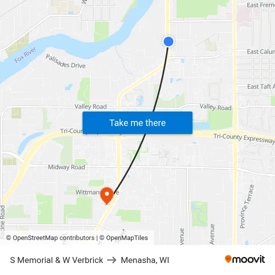 S Memorial & W Verbrick to Menasha, WI map
