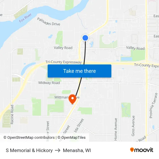 S Memorial & Hickory to Menasha, WI map